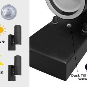 Long Life Lamp Company Outdoor Wall Light Dusk Till Dawn Sensor Black Finish Stainless Steel Up and Down Shining IP65 ZLC090-B