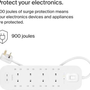 Belkin 8-Outlet Surge Protector Power Strip, Wall-Mountable with 8 AC Outlets, 2M Power Cord, & Green Indicator Light - 2 USB-C Ports w/USB-C PD Fast Charging - 900 Joules of Protection