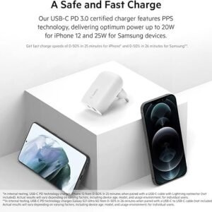 Belkin 37W USB Type C PPS PD Dual Port Wall Phone Charger, Power Delivery 25W USB C Port and 12W USB A Port for Fast Charging Samsung Galaxy S23, Ultra, Plus, Note 20, iPhone 14 Series and More