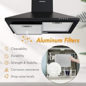 FIREGAS Black Chimney Cooker Hood 60cm with Carbon Filters Stainless Steel Wall Mounted Extractor Hood Recirculating & Ducting Extractor Fan Black Cooker Hood