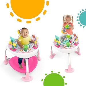 Bright Starts, Bounce Bounce Baby 2-in-1 Activity Center Jumper and Table - Playful Palms with 7 Interactive Toys