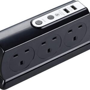Masterplug Six Socket Switched Inline Power Surge Protected Extension Lead with Two USB Charging Ports, 2 Metres, Gloss Black