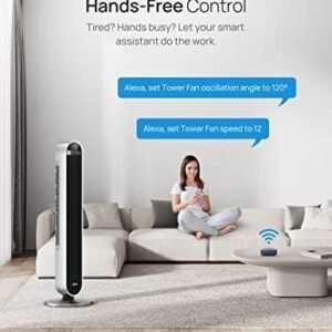 Dreo 42 Inch Pilot Max Smart Tower Fan, 25dB Quiet Cooling Fan for Bedroom, 12 Speeds Standing Fan with Remote, 7.9m/s Velocity Alexa Fan, 120° Oscillating Electric Fan, APP Control, 4 Modes,12H Timer