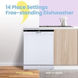 COMFEE' Freestanding Dishwasher FD1435E-W with 14 place settings, Full Size, 44dB, Wide LED Display, Delay Start, Half Load Function, Flexible Racks, White (KWH-FD1435E-W)
