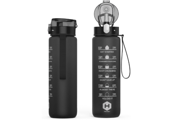 HOMEEX 1L (32oz) Motivational Water Bottle, BPA-free Sports Water Bottle with Time Marker - Quotes - One-Click Technology Ideal for Jogging, Hiking, Office, School, Adults, Children (Black)
