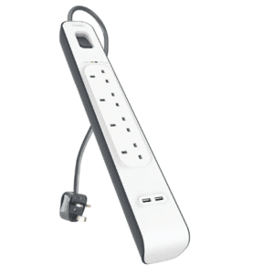 Belkin Extension Lead with USB Slots x 2 (2.4 A Shared), 4 Way/4 Plug Extension, 2m Surge Protected Power Strip - White