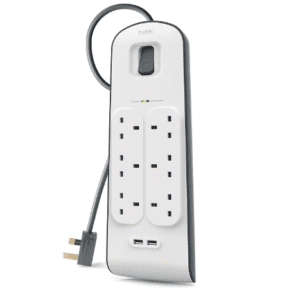 Belkin Extension Lead with USB Slots x 2 (2.4 A Shared), 6 Way/6 Plug Extension, 2m Surge Protected Power Strip - White