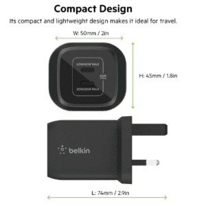 Belkin 65W Dual USB Type C Wall Charger, Fast Charging Power Delivery 3.0 with GaN Technology, USB Plug fast charger for iPhone 16, 15, 14, iPad, MacBook, Samsung Galaxy S24, Pixel and more - Black