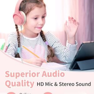 HEYSONG Bluetooth Headphones for Kids, Foldable Wireless Over-Ear Bluetooth 5.3, Built-in Microphone - Pink